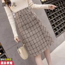 Plaid hairy skirt womens autumn and winter long skirt 2021 New High waist slim a-shaped bag hip skirt