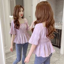  Shirt womens 2021 summer new Korean super fairy western style square collar French chiffon bubble sleeve clavicle waist top