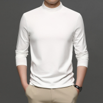 Spring and Autumn Modal Cashmere Cotton Men Solid Color Semi-Turtleneck base shirt T-shirt Round Neck Pullover White Long Sleeve Top