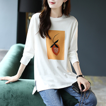 Baoshi Li printed split long sleeve T-shirt New loose Joker autumn 2021 round neck shoulder shirt womens clothing