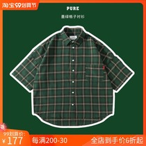 Pure Shrine oversize Dark Green Plaid Shirt Men Japanese Cotton Half sleeve Short Sleeve Shirt Summer Dress