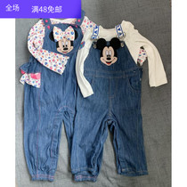 Foreign trade original single spring and autumn baby cotton triangle long sleeve halter denim strap climbing suit two-piece set