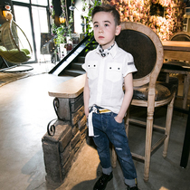 2021 tide new Lewen Xi childrens white shirt short sleeve coat cotton spring and summer thin collar male middle and Big Boy