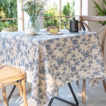 Cotton linen North European style blue floral tablecloth dormitory rectangular cover cloth retro pastoral dining table cloth photo background cloth
