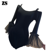 Latin dance new top yarn sleeve practice dance suit large collar suspender womens long-sleeved modern practice suit Y26