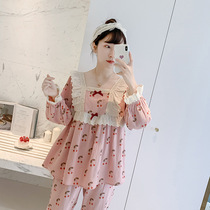 2021 New Long Sleeves Pure Cotton Lady Sleepwear Spring Autumn Season Korean Version Cute Cherry Lace Princess Home Suit Suit