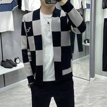 Spring and autumn Plaid color knit cardigan sweater mens youth Korean slim trend handsome casual coat coat