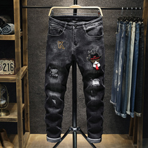 Autumn and winter pasted jeans mens trend Joker loose straight men embroidered casual thick long pants