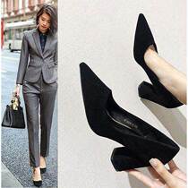 2019 season new Korean version pointed toe shallow mouth suede single shoes thick heel high heels middle heel all-match work shoes women