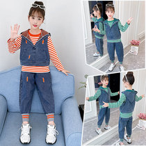 Girls denim set 2021 new childrens striped shirt foreign style girl Net red fashionable spring and autumn three-piece tide