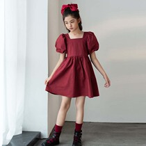 Girls French Square collar loose short thin Bubble sleeve skirt 2021 Summer girls sweet princess dress