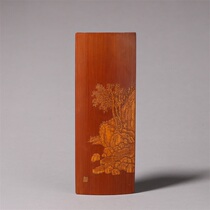  Old Tibetan green bamboo carved landscape map Tea selection H-3678