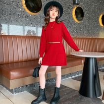 Girl Black Girdle Sweater Dress 2021 Autumn Winter New CUHK Child Red Long Sleeve Temperament Knitted Dress