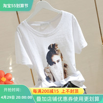 Hong Kongers Objects Printed Short Sleeve T-Shirt Woman Ins Xia 2021 New Round Collar White Bamboo Festival Cotton Loose Half Sleeve Blouse