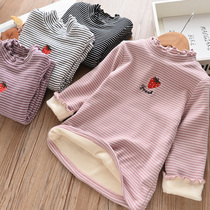 Girls base shirt plus velvet thickened autumn and winter 1-3 baby girl striped long sleeve T-shirt Korean version of Girls warm coat