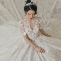 Star main wedding dress 2020 new bride shoulder luxury palace thin trailing temperament long sleeve collar simple