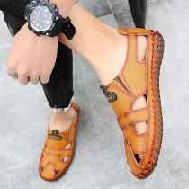 2021 mens summer breathable young and middle-aged leather sandals mens handmade flat non-slip real cowhide casual hole shoes