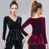 Latin dance top womens long-sleeved autumn and winter new practice clothes sexy lace-up professional modern ballroom dance body clothes