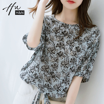 Chiffon shirt Womens 2021 summer new bow loose belly coat aged aged foreign-style floral chic gown