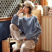 Pajamas Woman Autumn Winter Flannel Velvet Long Sleeves Thickened Warm Fashion Senior Brief Approachable Pure Color Cute home Two sets