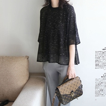 Hood Shirt Woman Loose Spring Summer 2022 new 100 hitch Round Collar LOTUS LEAF SIDE TRUMPETER SLEEVES THIN MIDDLE SLEEVE SILK LINEN KNIT CARDIOVERT