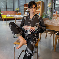 Mens pajamas Spring and Autumn long sleeve Ice Silk leisure Korean version plus size youth silk thin home clothing set