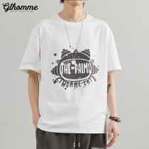 Summer new short sleeves T-shirt men loose print trend round collar 100 hitch Tide Cards Pure Cotton Casual Half Sleeve Clothes