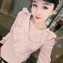 2021 autumn vneck velvet base shirt female trumpet sleeve foreign style small shirt fashion Korean version loose top solid color red