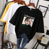 Large size womens summer half sleeve fat sister Korean version of thin cover meat loose short sleeve T-shirt foreign fat woman base shirt