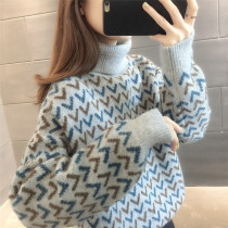 High collar sweater female thickening 2020 Winter new Korean version Fashion Long sleeves Knitted Sweatshirt With Lazy Loot Outside