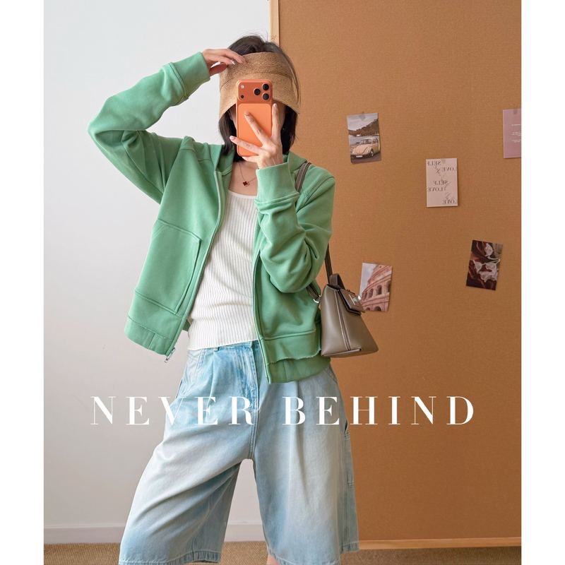 4.8 Never Behind Heavyweight Hooded Zip-Up Casual Sweatshirt Jacket Short Style