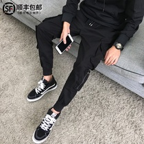 Tide brand multi-pocket overalls mens trend loose size straight tube toe stitching Joker ankle-length pants casual pants