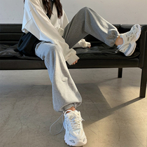 Gray sweatpants womens loose bunch feet spring and autumn thin high waist vertical straight tube wide leg casual pants ins tide