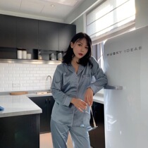 Spring and autumn fashion satin couple pajamas smog blue love embroidery long sleeve trousers set can be worn outside home clothes