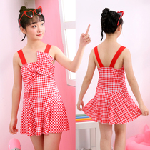 19-year new baby swimsuit girl Primary School student swimsuit conjoined conservative flat angle Plaid cute bow Japanese and Korean