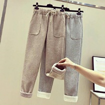 Card its color lamb sweatpants female autumn and winter new high waist straight cylinder loose bunches with velvety and thickened fur