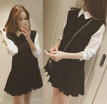 Korea counter 2021 spring chiffon ruffle pleated doll shirt medium long loose base fake two dress