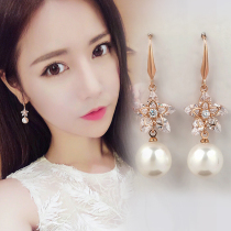 Flower pearl earrings temperament Korean simple personality Jewelry earrings female long crystal earrings hypoallergenic Joker