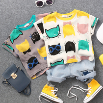 Summer new children Korean cartoon lucky cat printing collar short sleeve T-shirt boys and girls half sleeve T-shirt