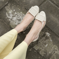 Transparent single shoes womens flat bottom 2020 summer shallow mouth all-match patent leather square buckle color fairy net red with the same tide