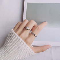 Korean natural pearl ring 2-piece set 925 sterling silver personality retro Thai Silver open ring children