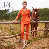 Famanu fashion orange professional suit female fashion double-breasted suit waist thin temperament host dress