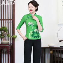 Improved fashion hand-painted cotton and hemp Tang dress Cheongsam short retro national wind top Chinese daily mother outfit large size spring