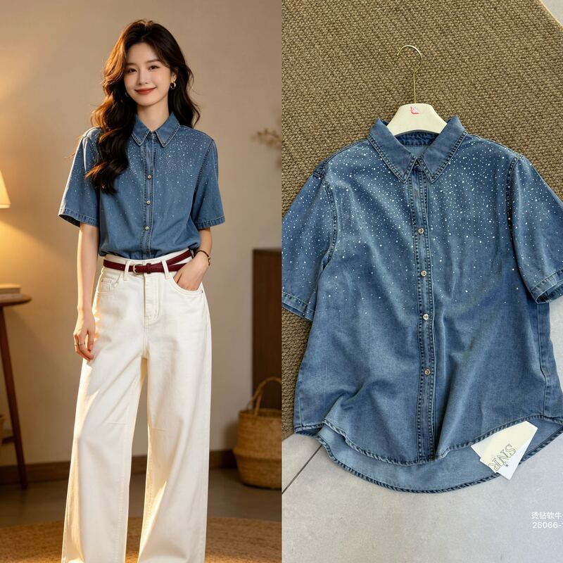 Thin Denim Shirt with Rhinestones, Bust Size 110, Length 70, -26066