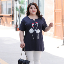 Large size womens T-shirt womens fat mm200 kg loose belly coat long V-collar slim and fat