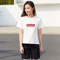Clearance special casual set womens summer cotton short sleeve top solid color shorts fashion sports running two-piece set