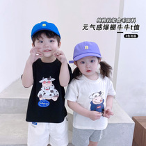  Childrens clothing Boys summer childrens short-sleeved T-shirt pure cotton Korean baby cartoon Western style loose bottoming shirt thin top