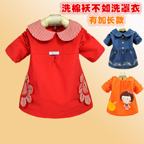 Infant and childrens coveralls eating clothes autumn and winter corduroy large size waterproof and anti-dirty female babys reverse dressing coats long models