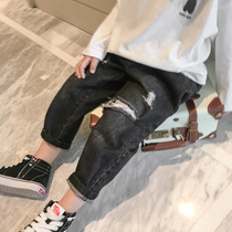 Korean Version Fashion Handsome Boy Breaking Hole Jeans 2021 New Spring Dress Children Baby Loose Casual Harun Pants