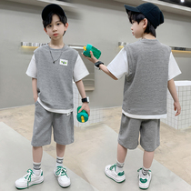 Boy Summer Suit 2022 New Summer Clothes Boy Short Sleeve Bookkeeper Handsome Big Kids Nets Red Fried Street Tide Dress